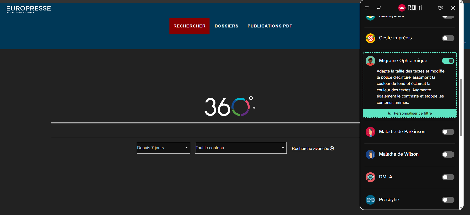 page d'accueil d'europresse avec le filtre "migraine ophtalmique"